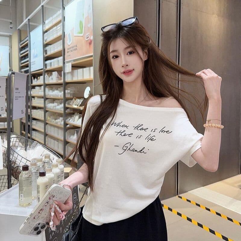 220 그램 92 면 8 암모니아 Lun 아메리칸 핫걸 비스듬한 어깨 알파벳 프린트 반팔 티셔츠 여성 이미지 2