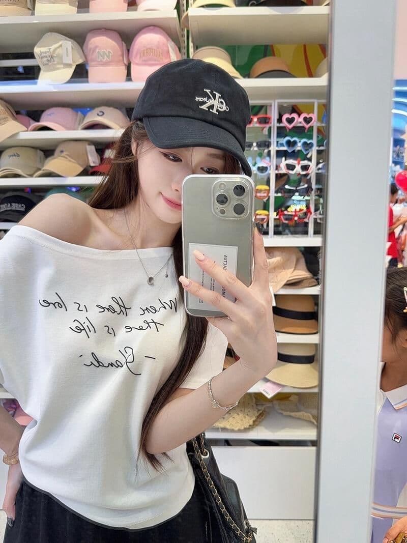 220 그램 92 면 8 암모니아 Lun 아메리칸 핫걸 비스듬한 어깨 알파벳 프린트 반팔 티셔츠 여성 상세 이미지 1