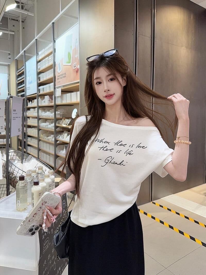 220 그램 92 면 8 암모니아 Lun 아메리칸 핫걸 비스듬한 어깨 알파벳 프린트 반팔 티셔츠 여성 상세 이미지 2