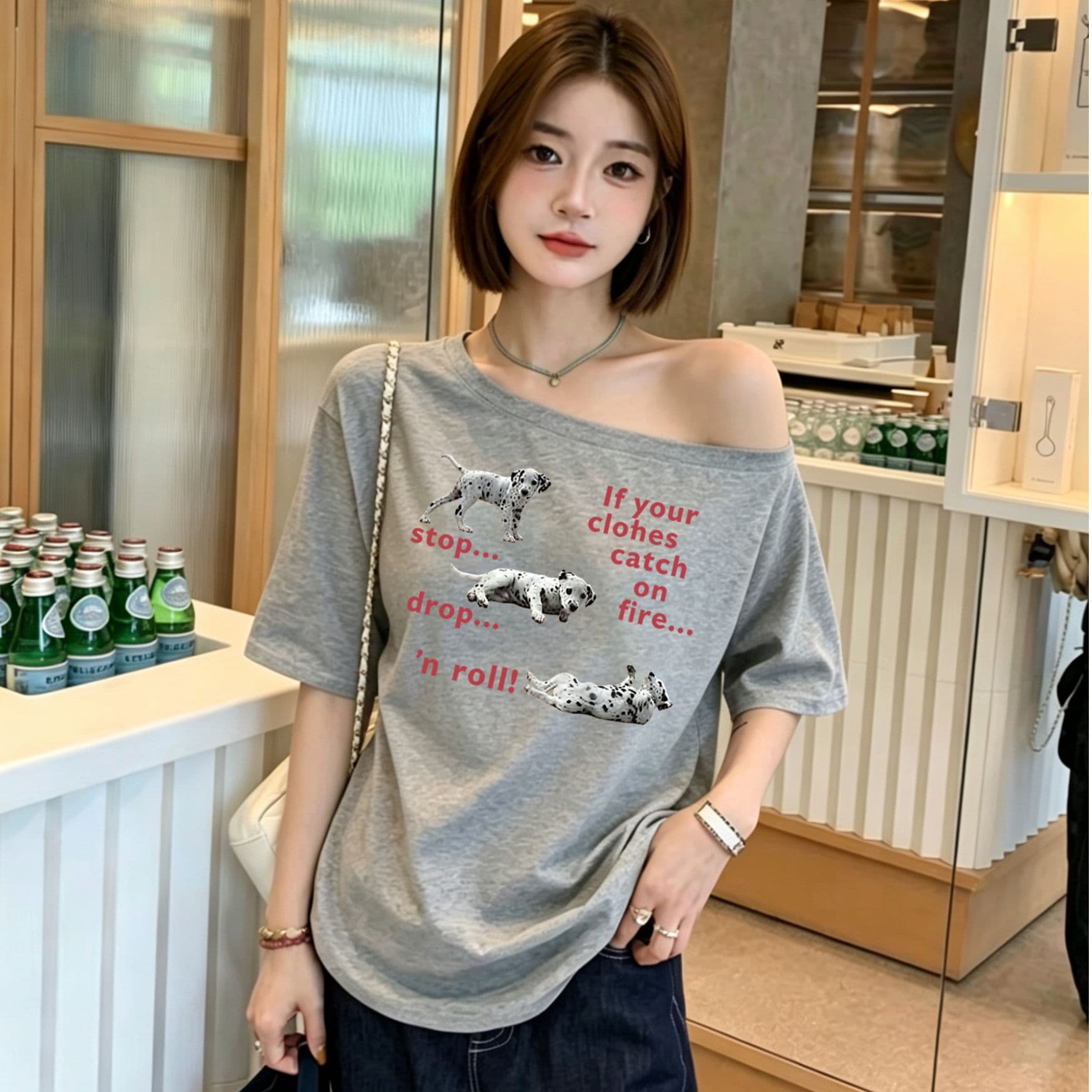 한 부서 순수한 욕망 오프숄더 반팔 티셔츠 슬림해 보이는 핫걸 디자인 센스 맨위 이미지 4