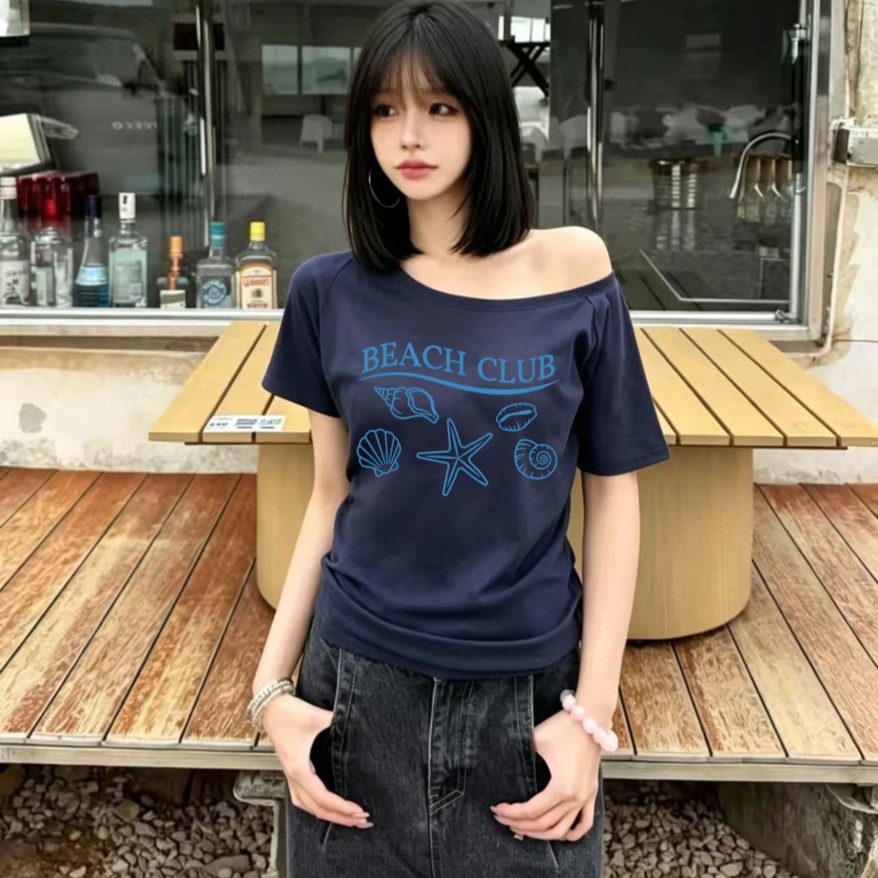한 부서 순수한 욕망 오프숄더 반팔 티셔츠 슬림해 보이는 핫걸 디자인 센스 맨위 상세 이미지 5