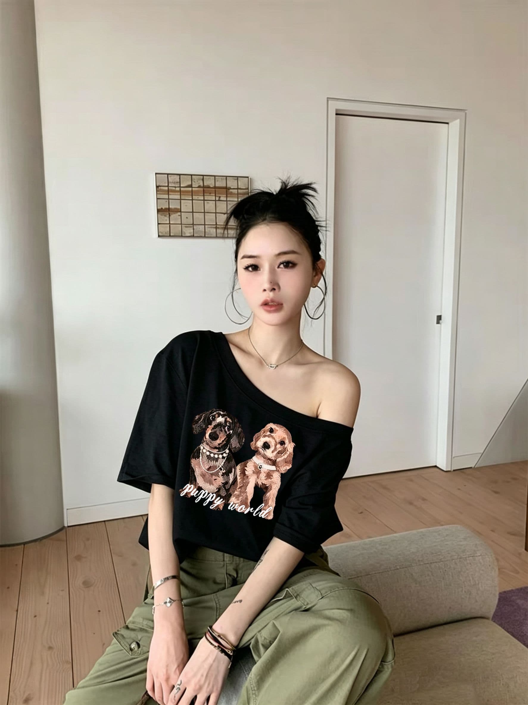 한 부서 순수한 욕망 오프숄더 반팔 티셔츠 슬림해 보이는 핫걸 디자인 센스 맨위 상세 이미지 8