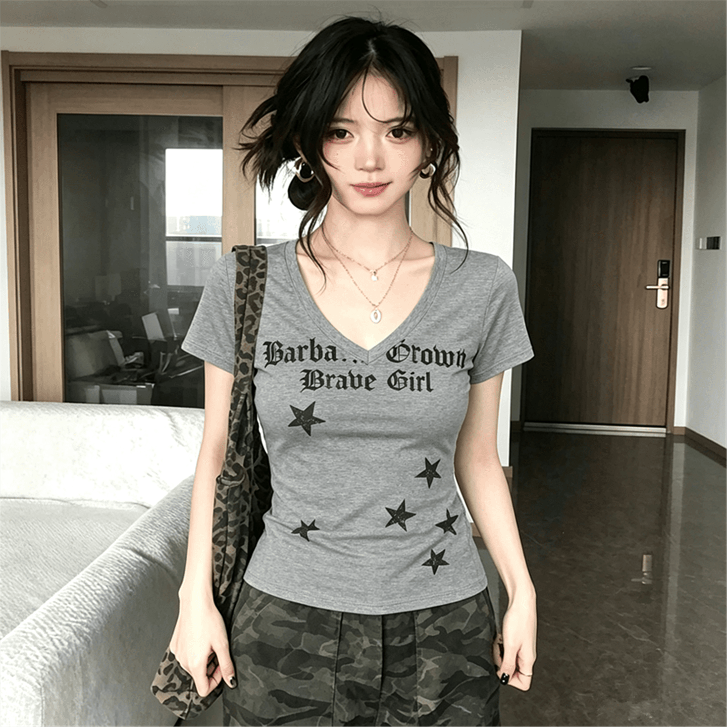 아메리칸 레트로 프린트 반팔 티셔츠 여성 여름 몸매 가꾸기 캐주얼 맨위 이미지 5