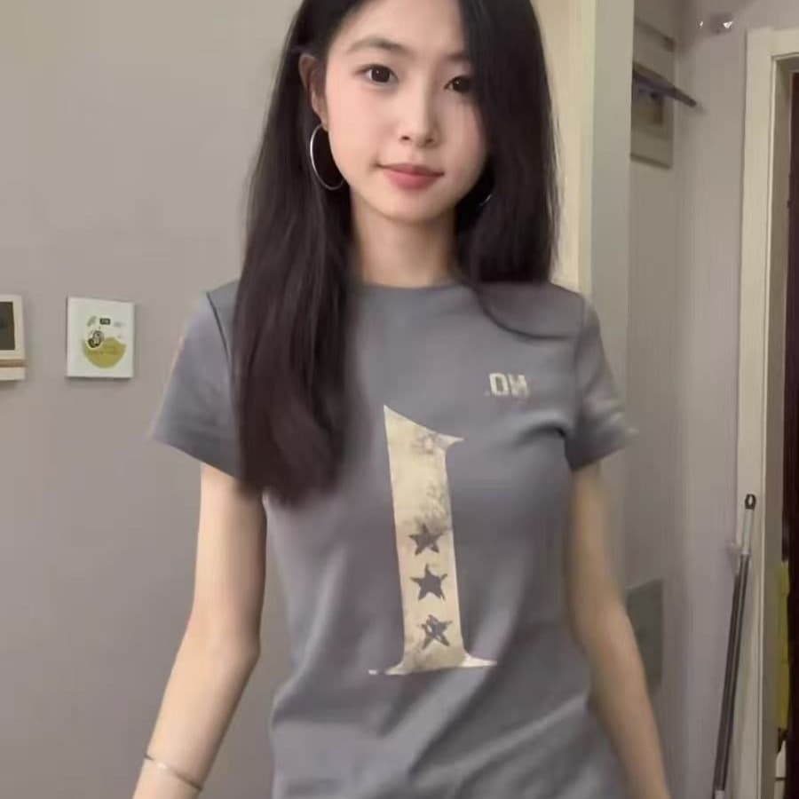 아메리칸 레트로 프린트 반팔 티셔츠 여성 여름 몸매 가꾸기 슬림해 보이는 캐주얼 맨위 이미지 2