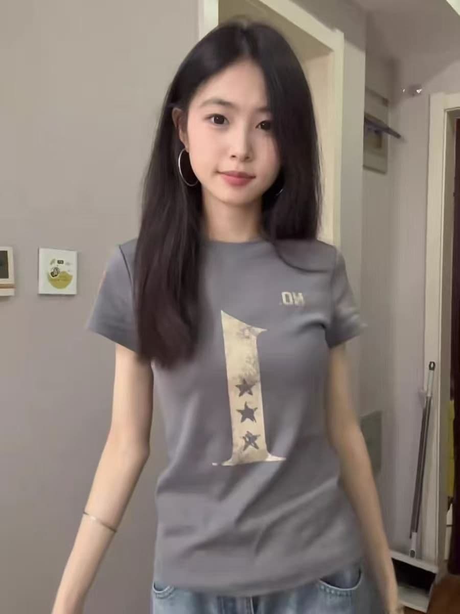 아메리칸 레트로 프린트 반팔 티셔츠 여성 여름 몸매 가꾸기 슬림해 보이는 캐주얼 맨위 상세 이미지 4