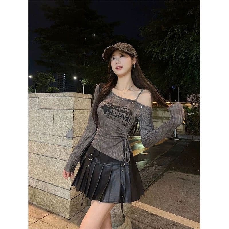 펌프 로프 프린트 오프숄더 긴팔 티셔츠 여성 가을 핫걸 몸매 가꾸기 슬림해 보이는 맨위 상세 이미지 1