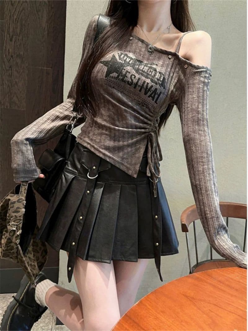 펌프 로프 프린트 오프숄더 긴팔 티셔츠 여성 가을 핫걸 몸매 가꾸기 슬림해 보이는 맨위 상세 이미지 2