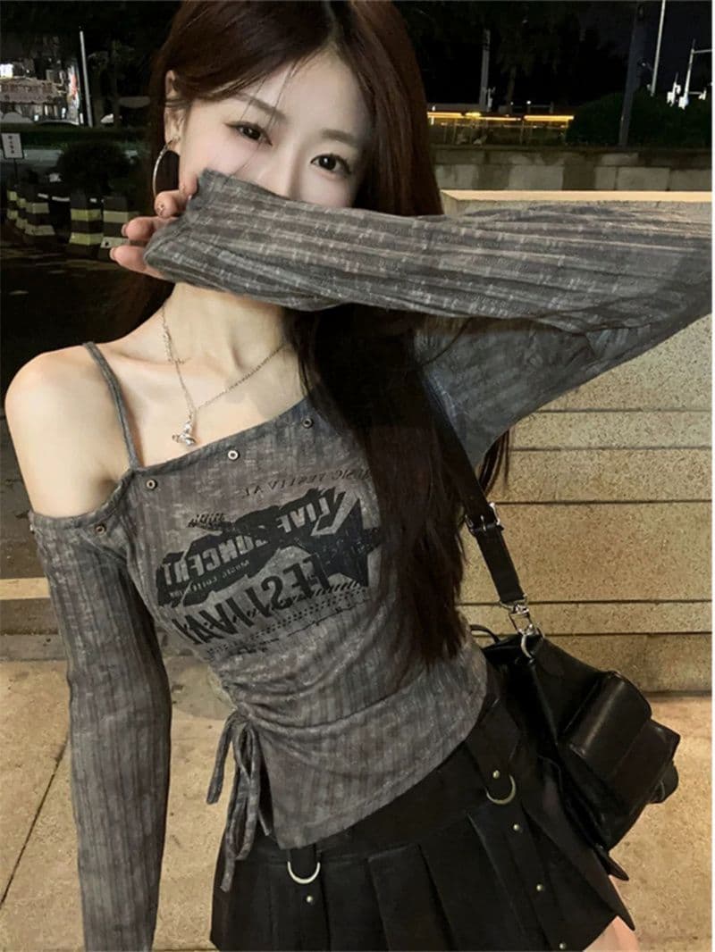 펌프 로프 프린트 오프숄더 긴팔 티셔츠 여성 가을 핫걸 몸매 가꾸기 슬림해 보이는 맨위 상세 이미지 3