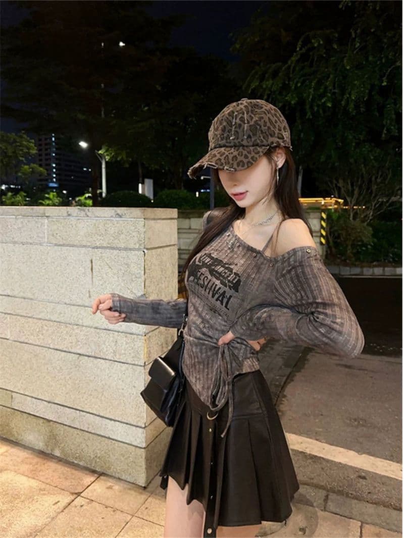 펌프 로프 프린트 오프숄더 긴팔 티셔츠 여성 가을 핫걸 몸매 가꾸기 슬림해 보이는 맨위 상세 이미지 4