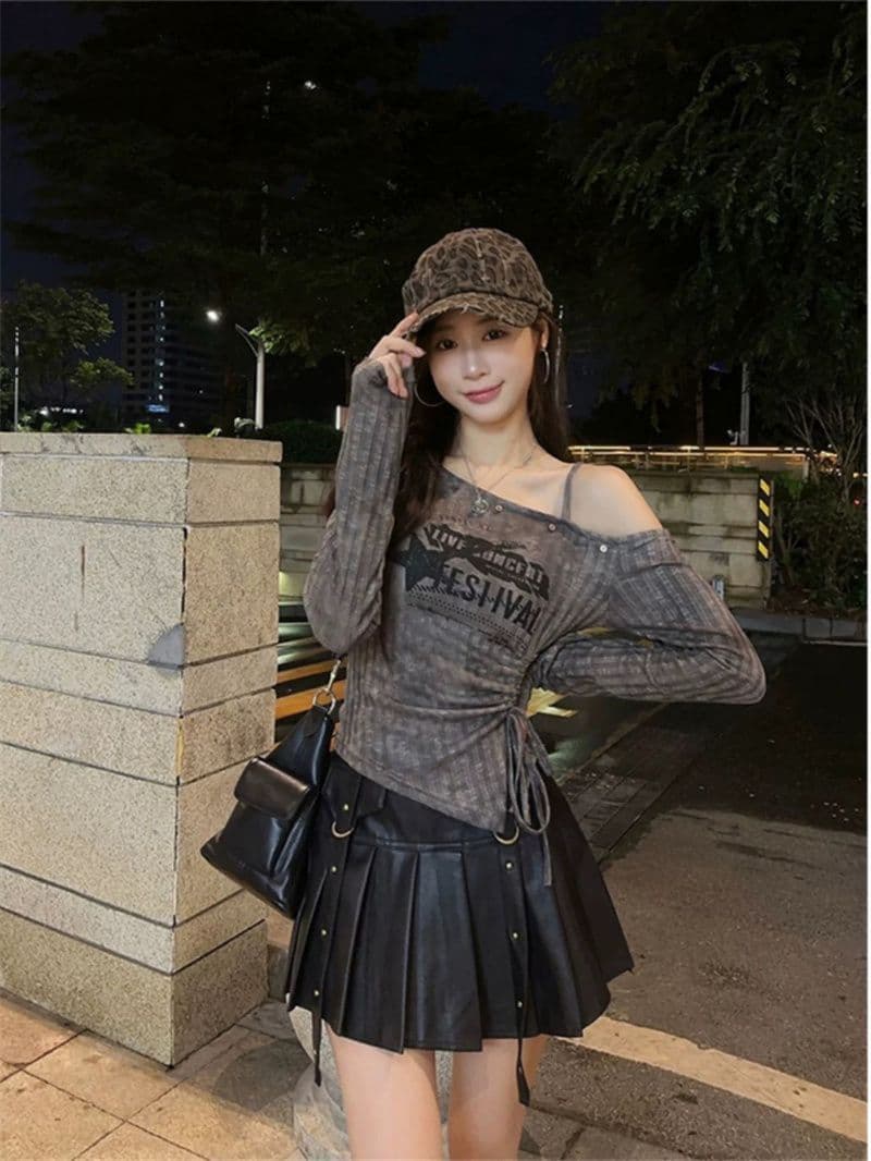 펌프 로프 프린트 오프숄더 긴팔 티셔츠 여성 가을 핫걸 몸매 가꾸기 슬림해 보이는 맨위 상세 이미지 5