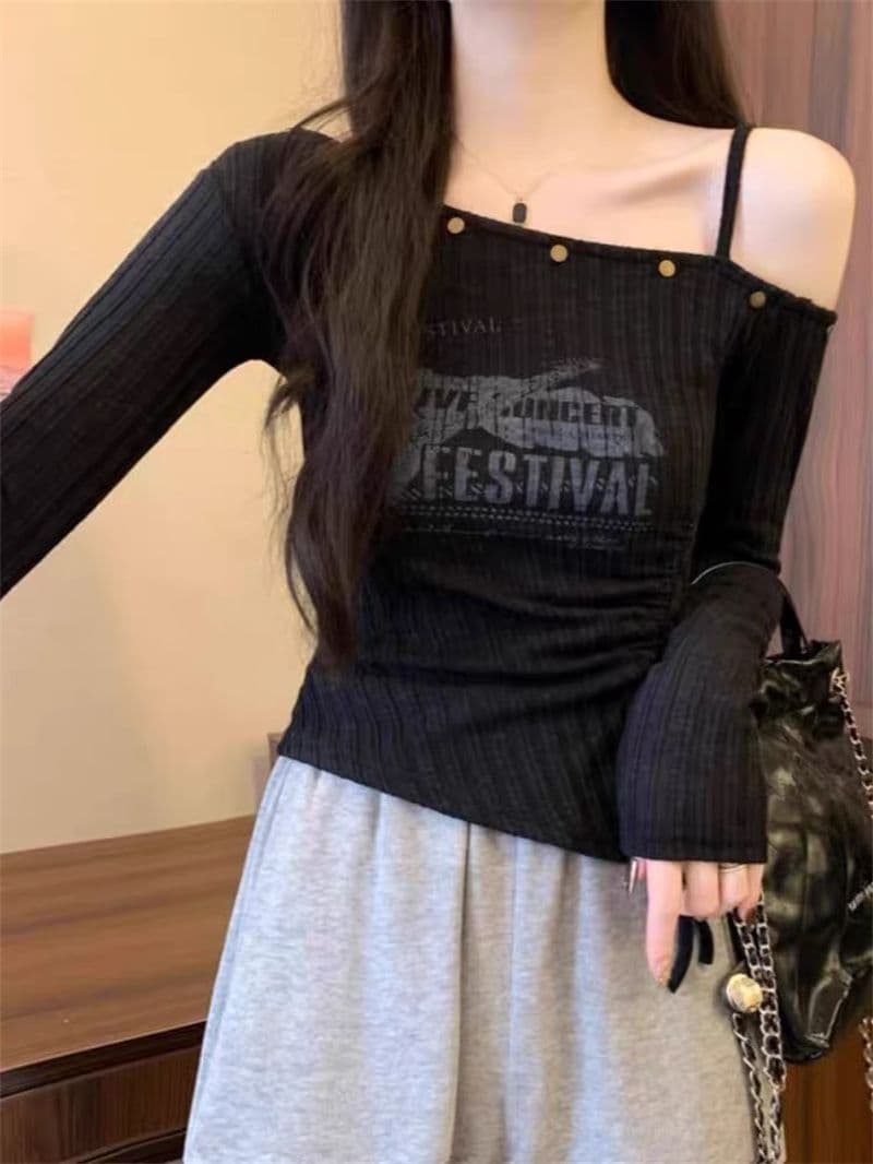 펌프 로프 프린트 오프숄더 긴팔 티셔츠 여성 가을 핫걸 몸매 가꾸기 슬림해 보이는 맨위 상세 이미지 7