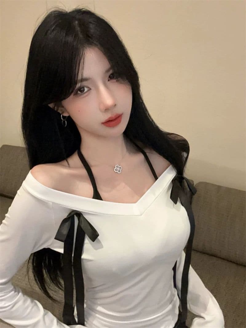 40 순면 나비 매듭 행침 목 페이크 레이어드 패치워크 V넥 긴팔 티셔츠 기본 셔츠 맨위 이미지 2
