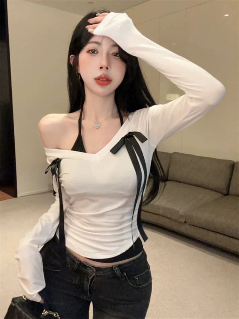 40 순면 나비 매듭 행침 목 페이크 레이어드 패치워크 V넥 긴팔 티셔츠 기본 셔츠 맨위 상세 이미지 1