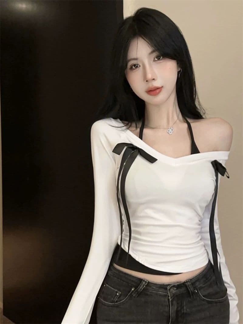 40 순면 나비 매듭 행침 목 페이크 레이어드 패치워크 V넥 긴팔 티셔츠 기본 셔츠 맨위 상세 이미지 2