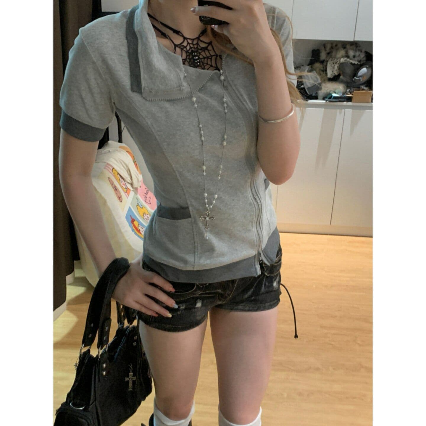 210 그램 40 좋은 면 폴로 칼라 배색 티셔츠 양방향 지퍼 디자인 이미지 3