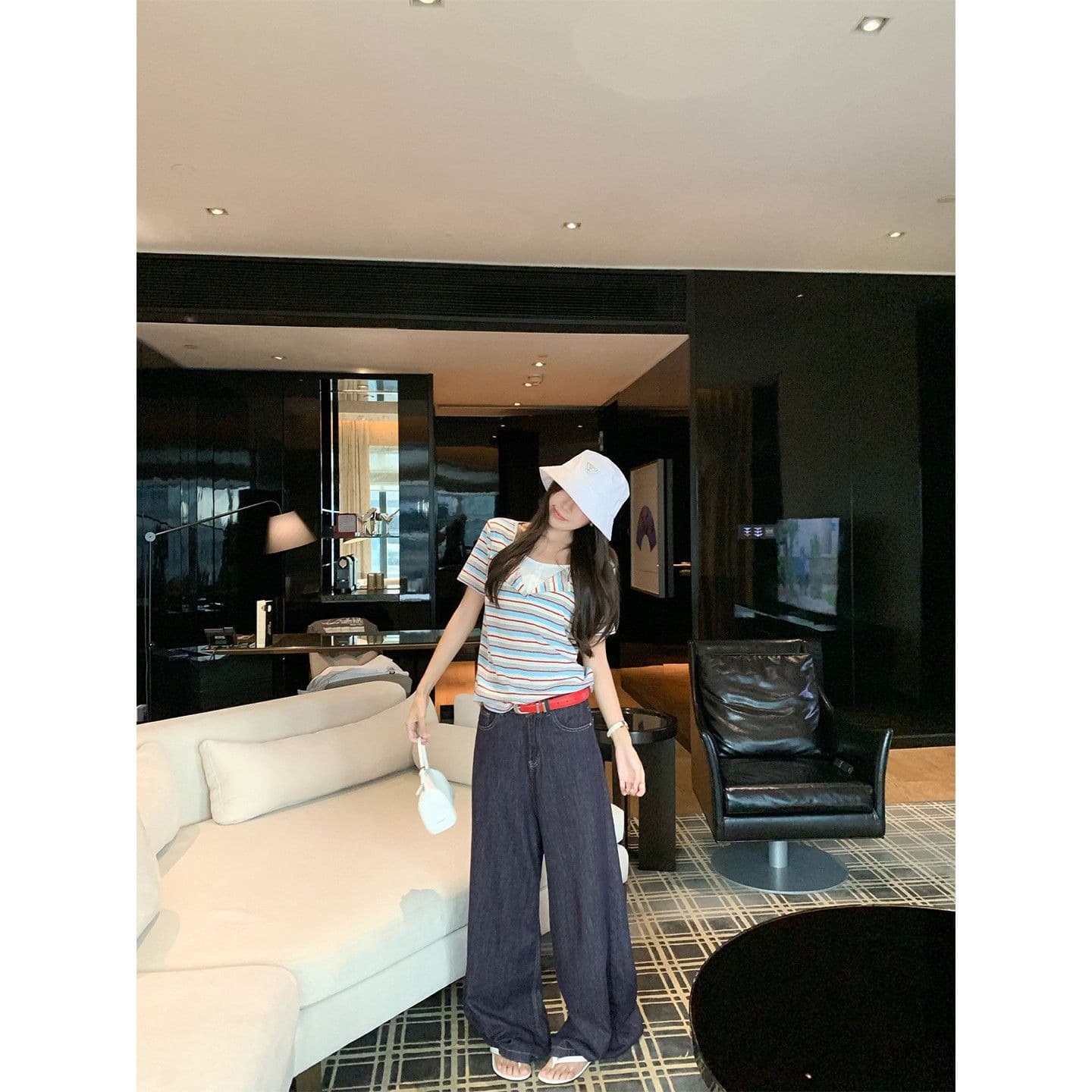 원본 스트라이프 65 면 35 폴리 에스터 한 부서 레트로 빨간색 블루 기사 페이크 레이어드 긍정적 인 어깨 반팔 티셔츠 여성 루즈핏 맨위 이미지 2