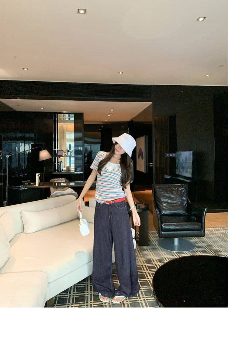 원본 스트라이프 65 면 35 폴리 에스터 한 부서 레트로 빨간색 블루 기사 페이크 레이어드 긍정적 인 어깨 반팔 티셔츠 여성 루즈핏 맨위 상세 이미지 3