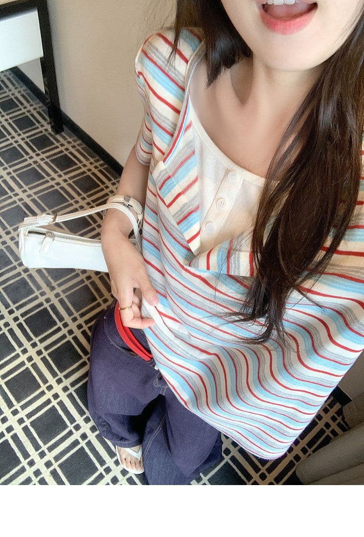 원본 스트라이프 65 면 35 폴리 에스터 한 부서 레트로 빨간색 블루 기사 페이크 레이어드 긍정적 인 어깨 반팔 티셔츠 여성 루즈핏 맨위 상세 이미지 11