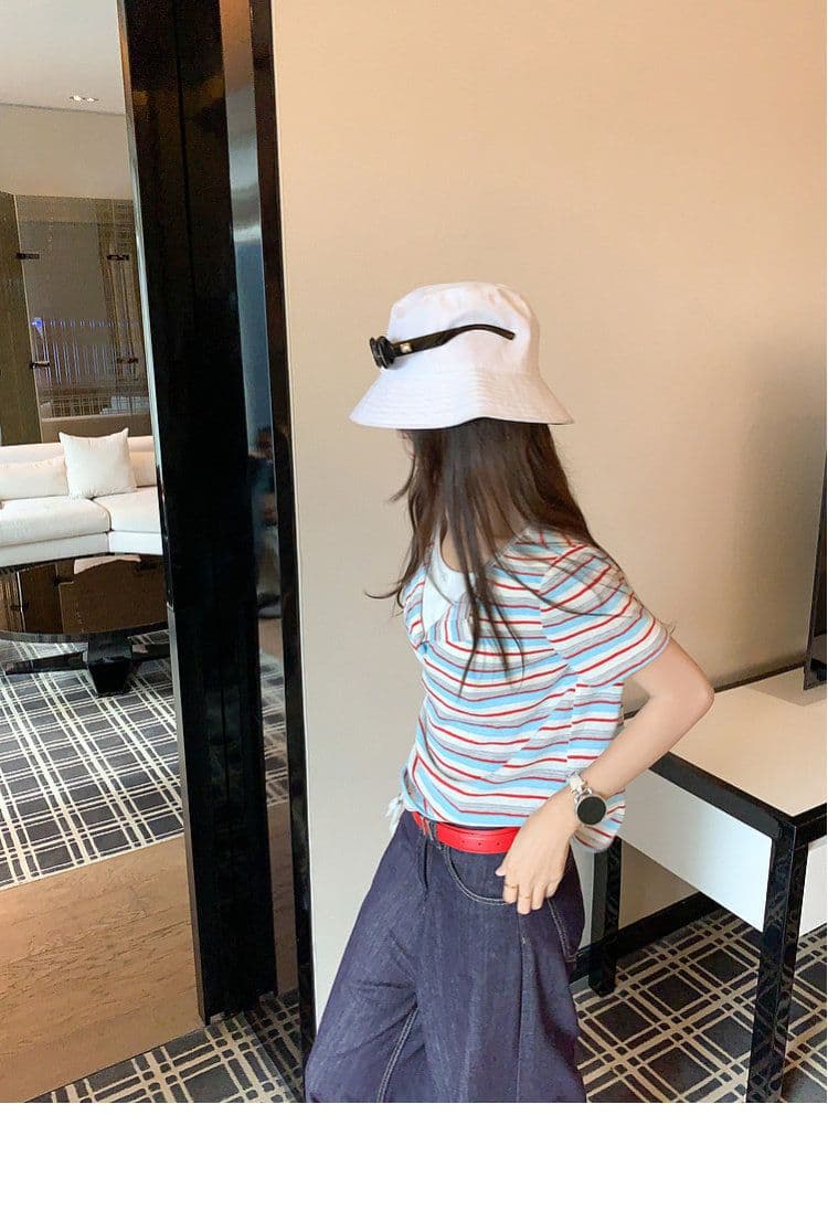 원본 스트라이프 65 면 35 폴리 에스터 한 부서 레트로 빨간색 블루 기사 페이크 레이어드 긍정적 인 어깨 반팔 티셔츠 여성 루즈핏 맨위 상세 이미지 12