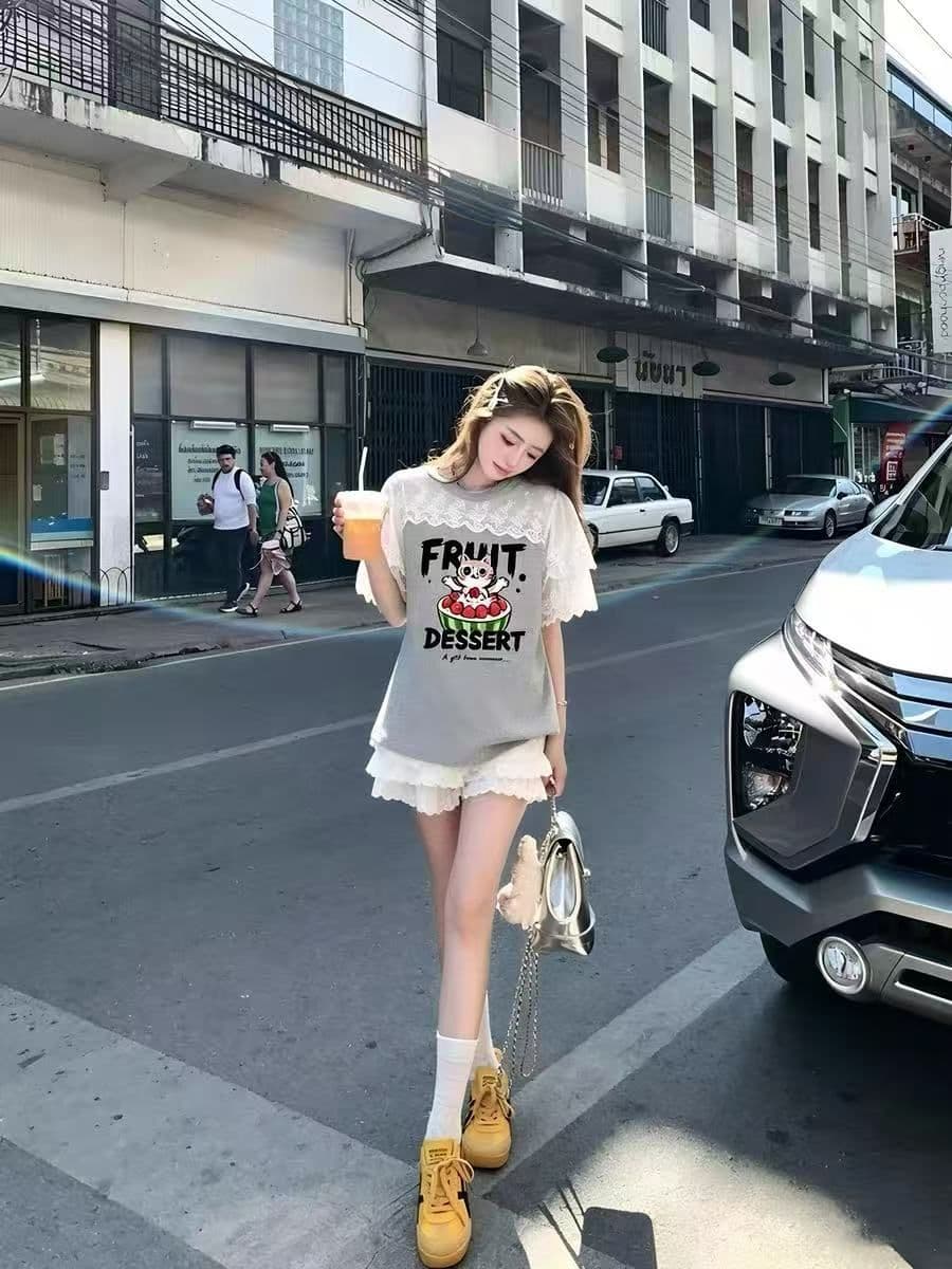 순면 레이스 조각 반팔 티셔츠 여성 여름 아메리칸 루즈핏 한 부서 배색 맨위 상세 이미지 2
