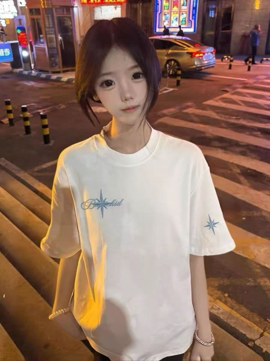 자수 네리 가게 천 순면 220 그램 빗질하다 닫기 반팔 티셔츠 여성 상세 이미지 4