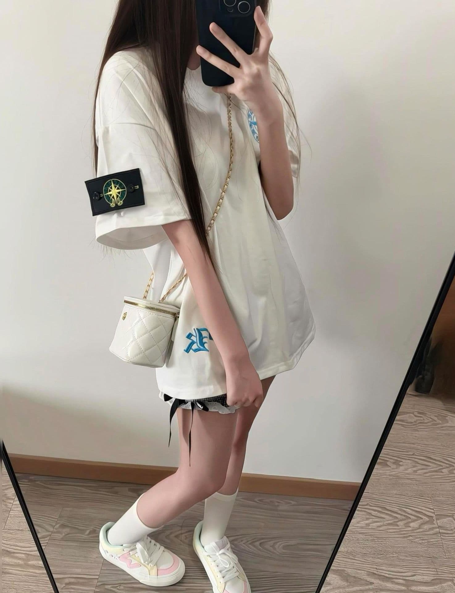 자수 범프 인쇄 순면 220 그램 반팔 티셔츠 여성 상세 이미지 2