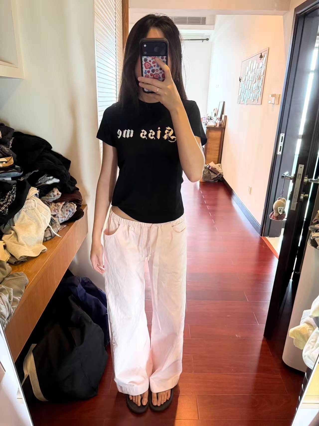 아메리칸 레트로 프린트 몸매 가꾸기 허리 수축 반팔 티셔츠 여성 상세 이미지 2