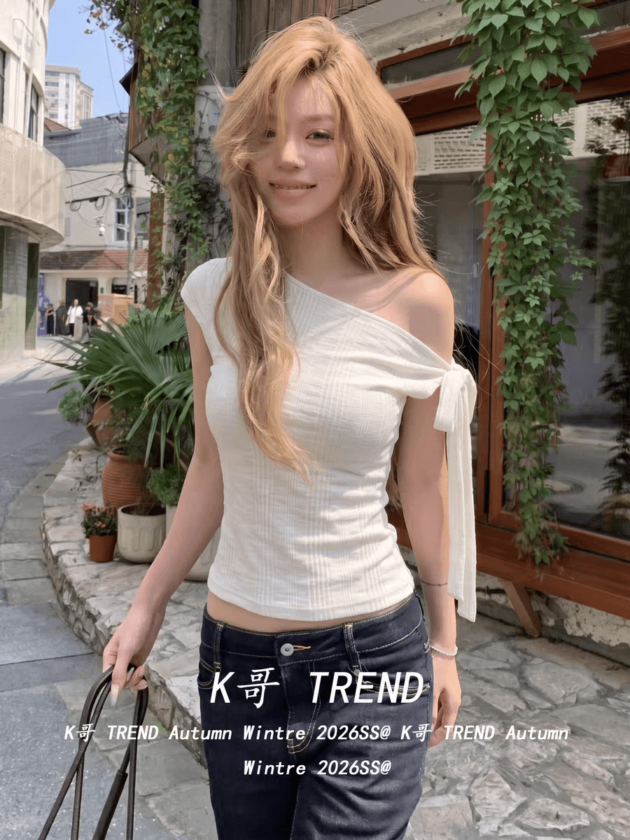 원본 원단 불규칙 구덩이 기사 230 크 작은 대중 불규칙 비스듬한 어깨 반팔 티셔츠 여성 셔츠 이미지 4
