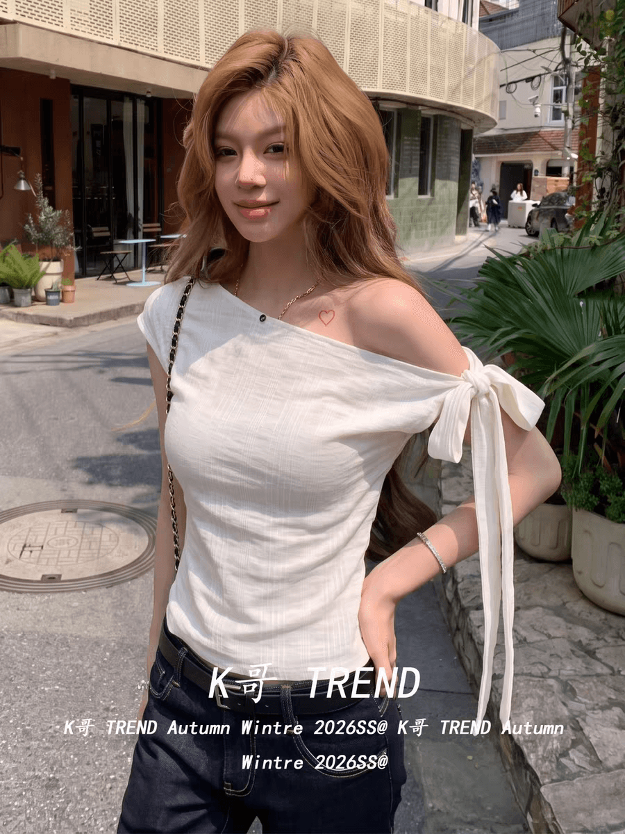 원본 원단 불규칙 구덩이 기사 230 크 작은 대중 불규칙 비스듬한 어깨 반팔 티셔츠 여성 셔츠 이미지 3