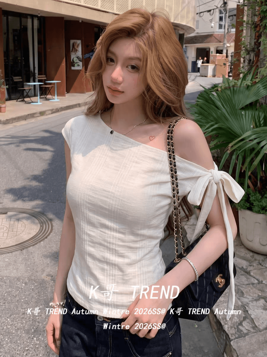 원본 원단 불규칙 구덩이 기사 230 크 작은 대중 불규칙 비스듬한 어깨 반팔 티셔츠 여성 셔츠