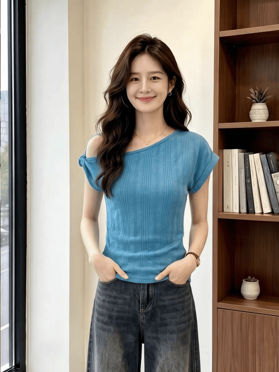 원본 원단 불규칙 구덩이 기사 아메리칸 레트로 비스듬한 어깨 반팔 여성 질감 센스 오프숄더 티셔츠 이미지 3