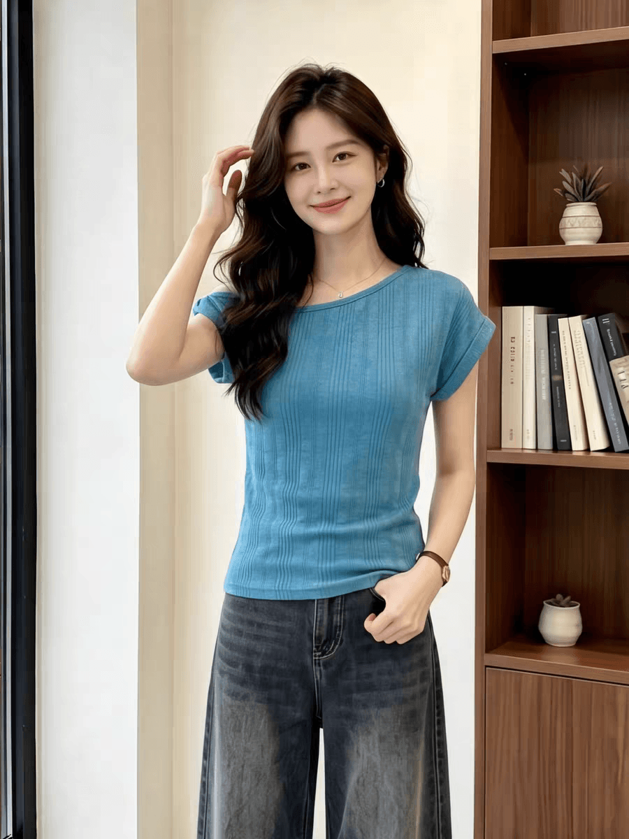 원본 원단 불규칙 구덩이 기사 아메리칸 레트로 비스듬한 어깨 반팔 여성 질감 센스 오프숄더 티셔츠 상세 이미지 4
