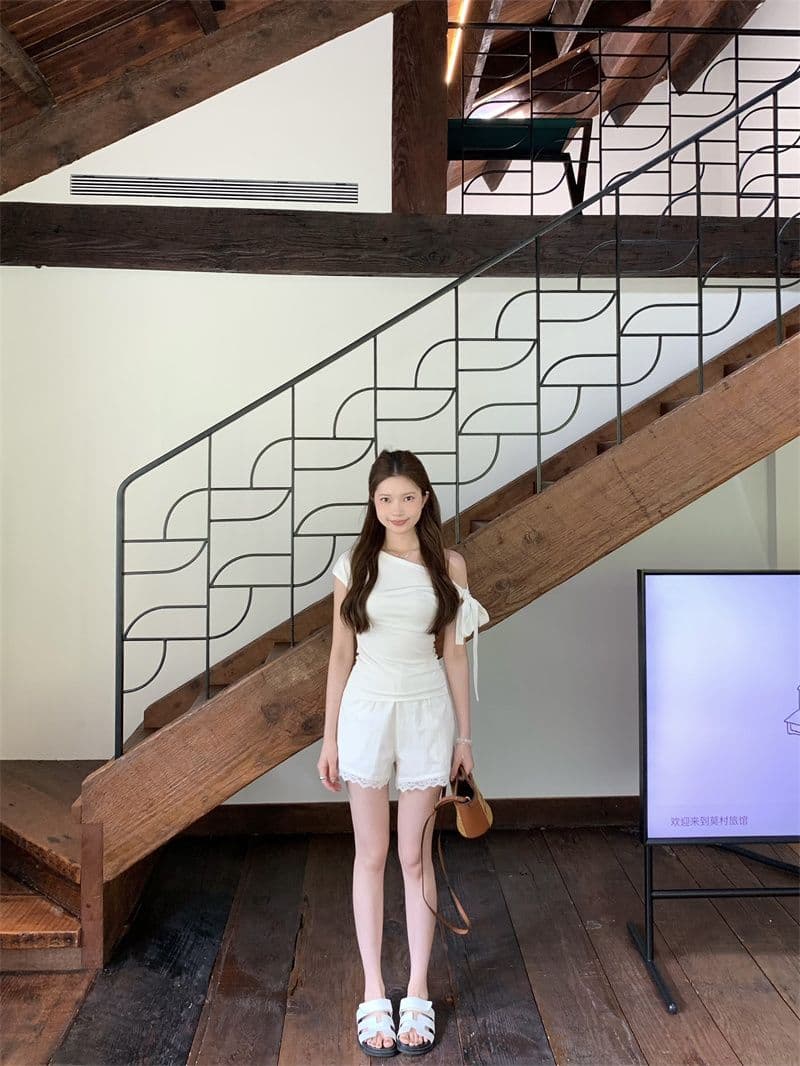 원본 사람들 면 순수한 욕망 바람 나비 매듭 일방적 인 스트랩 오프숄더 티셔츠 핫걸 디자인 센스 맨위 상세 이미지 14