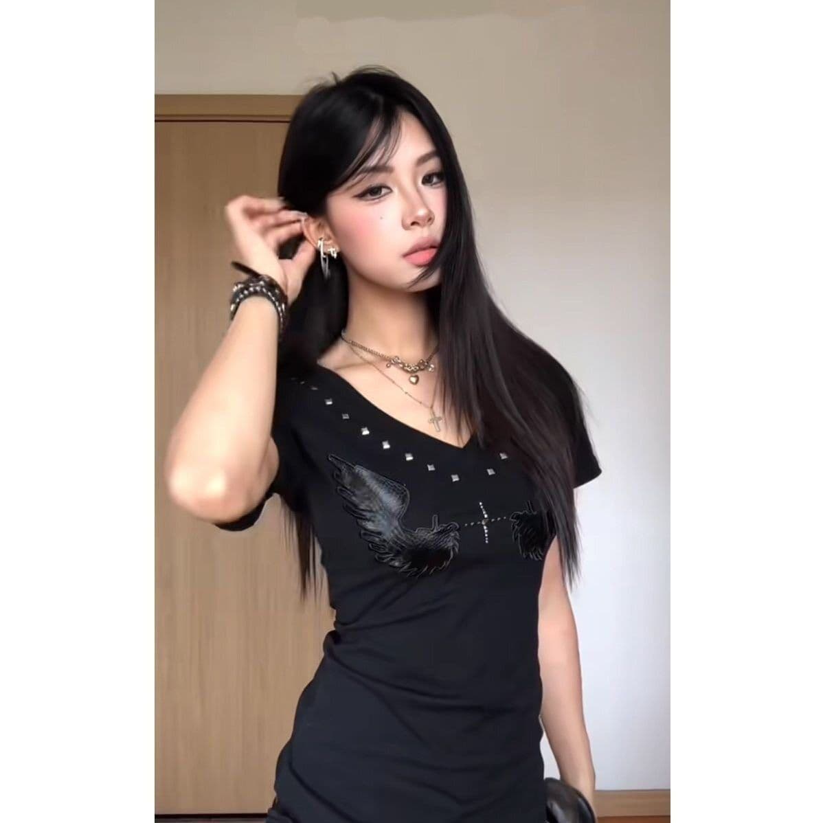 210 그램 40 좋은 면 1 1 아메리칸 핫걸 바람 레트로 반팔 여름 디자인 센스 날개 고유 한 맨위 상세 이미지 4
