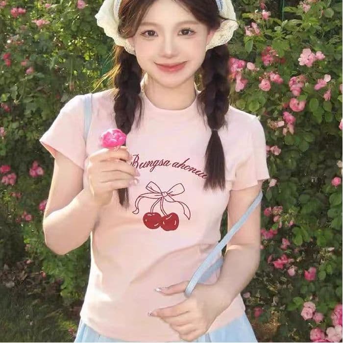 아메리칸 레트로 순면 프린트 몸매 가꾸기 허리 수축 반팔 티셔츠 여성