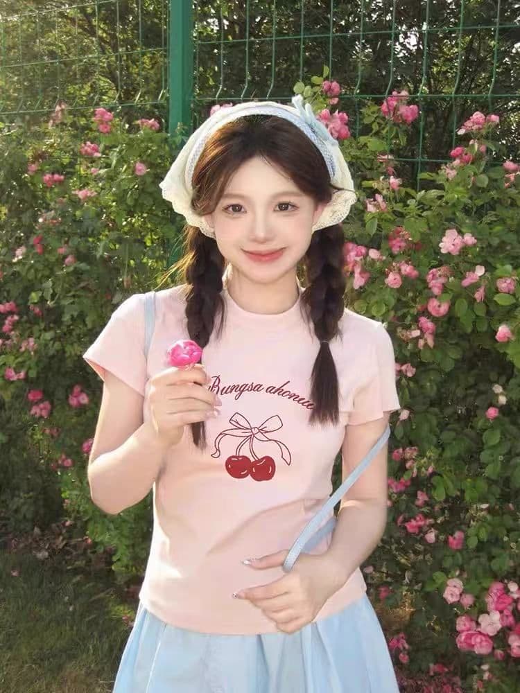 아메리칸 레트로 순면 프린트 몸매 가꾸기 허리 수축 반팔 티셔츠 여성 상세 이미지 1