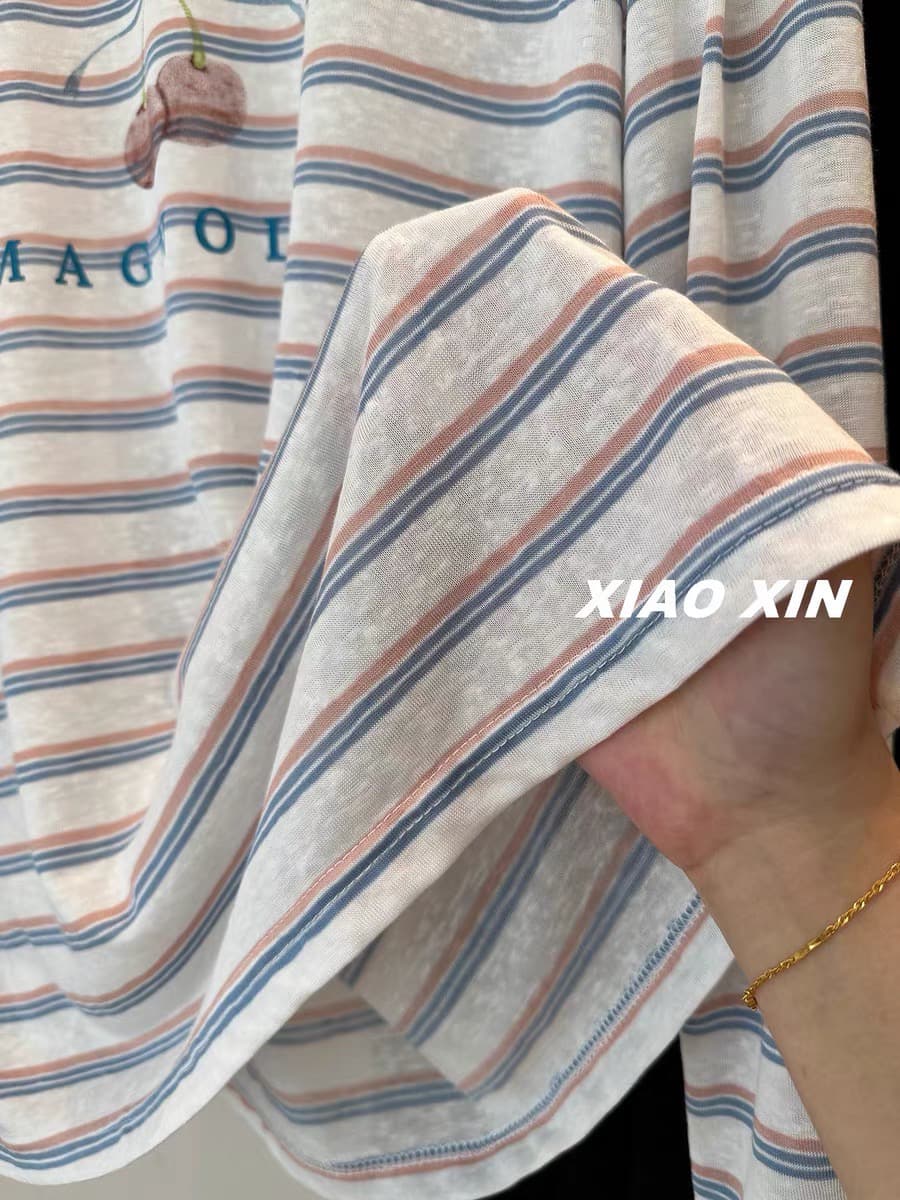 원본 원단 특별 빅 사이즈 300 근 파란색 스트라이프 긴팔 티셔츠 여성 여름 자외선 차단 블라우스 얇은 상세 이미지 4