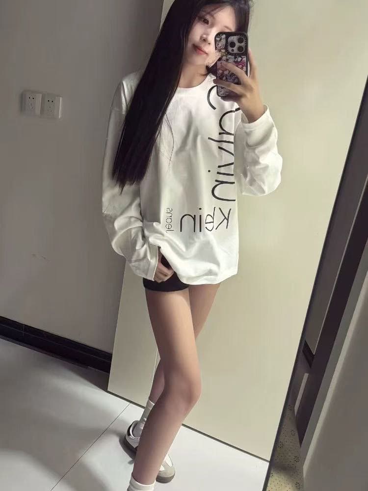 높은 품질 한국 스타일 순면 빗질하다 정밀 프린트 가을 루즈핏 긴팔 티셔츠 여성 상세 이미지 1