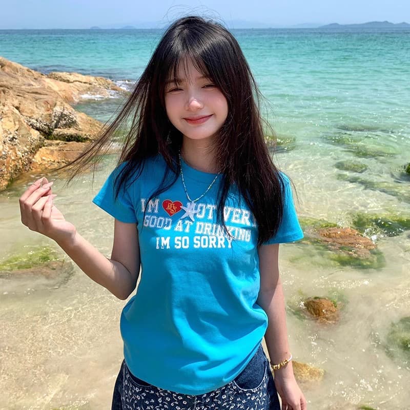 40 순면 리브 1 1 도파민 달콤한 매운맛 몸매 가꾸기 타이트 반팔 맨위 여성 티셔츠
