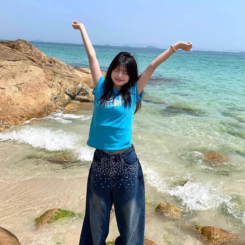 40 순면 리브 1 1 도파민 달콤한 매운맛 몸매 가꾸기 타이트 반팔 맨위 여성 티셔츠 상세 이미지 5