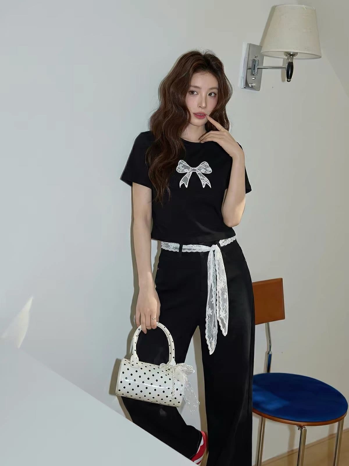 아메리칸 레트로 순면 프린트 몸매 가꾸기 허리 수축 반팔 티셔츠 여성 이미지 2