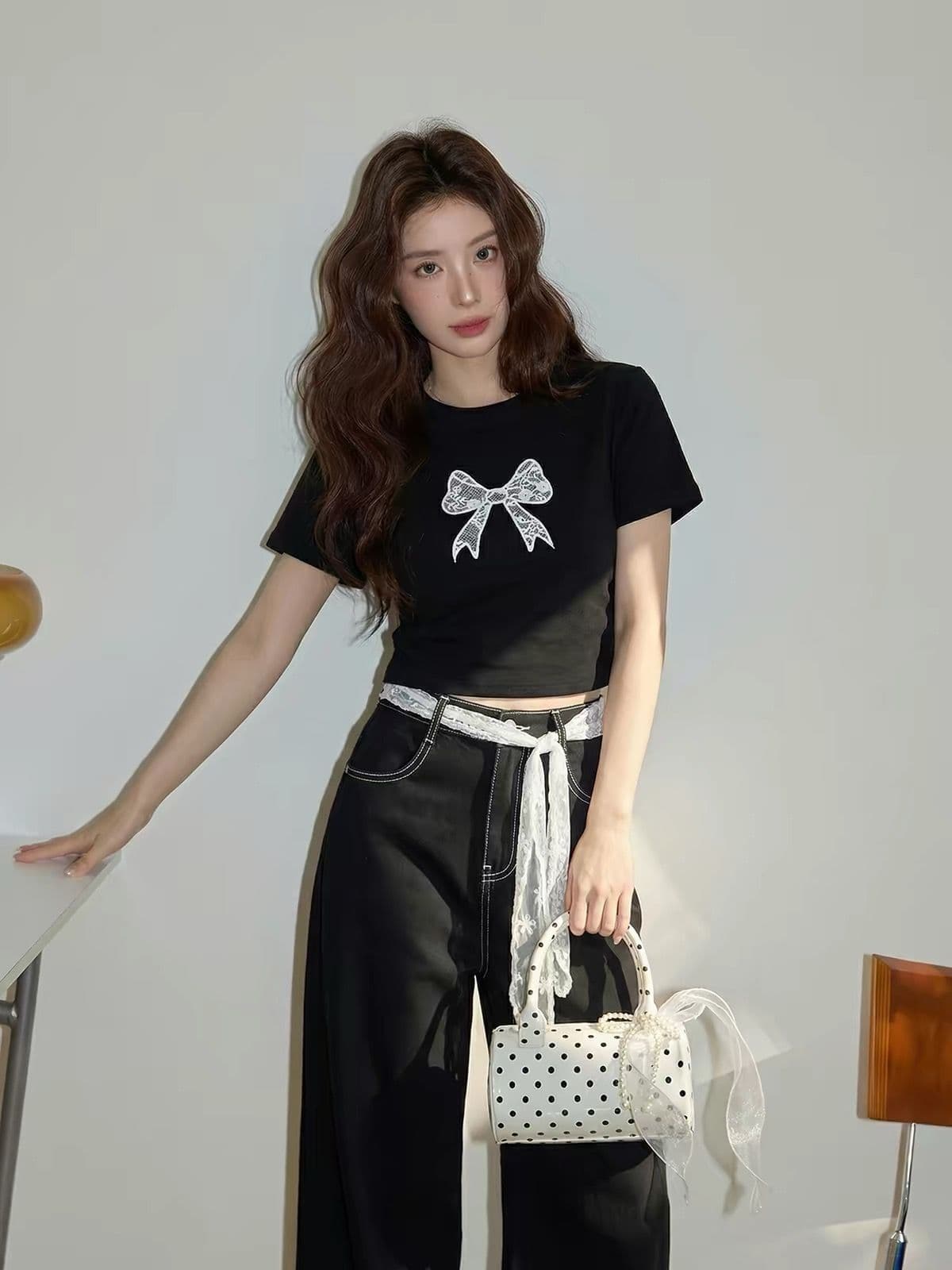 아메리칸 레트로 순면 프린트 몸매 가꾸기 허리 수축 반팔 티셔츠 여성 상세 이미지 2