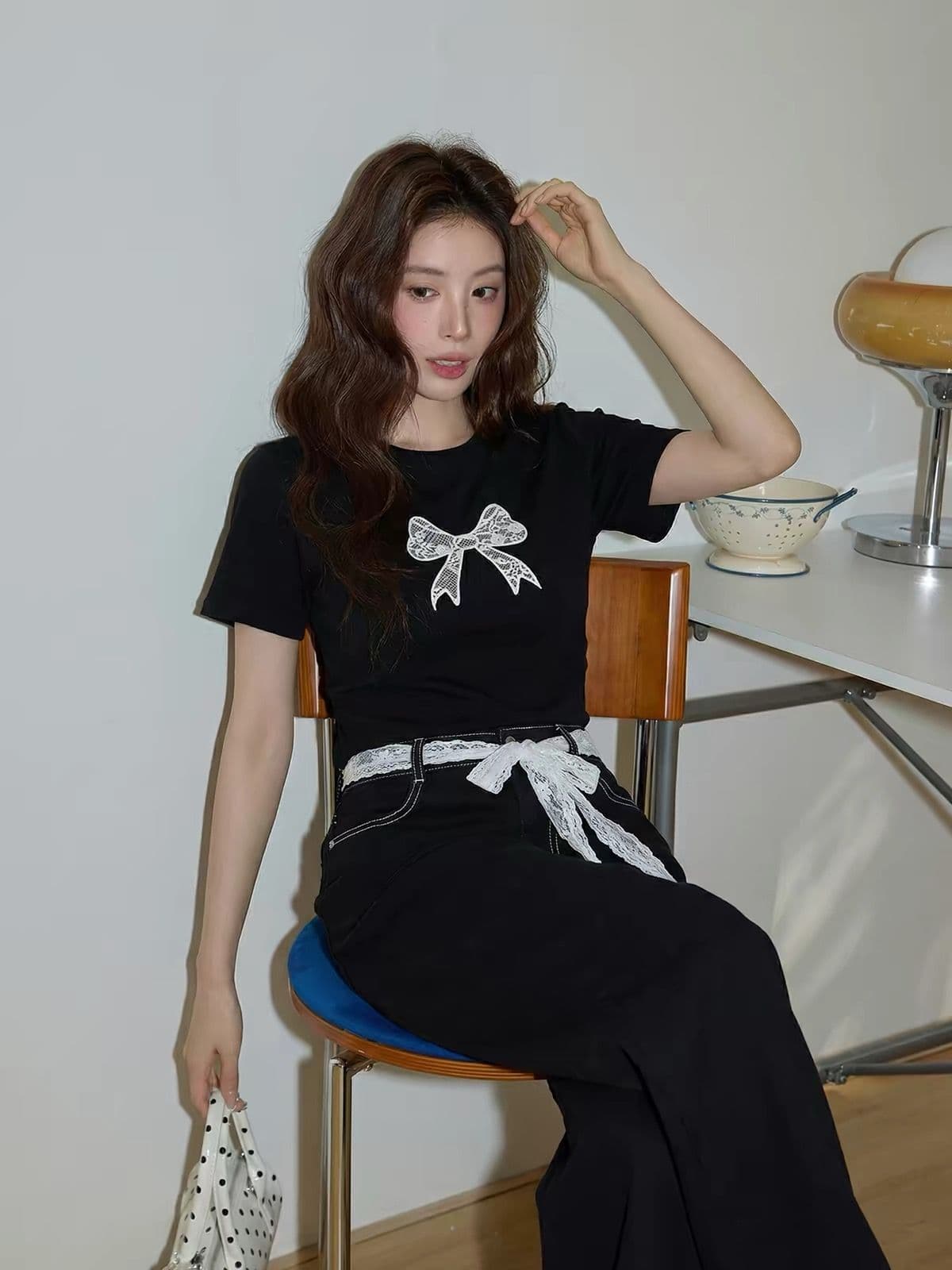 아메리칸 레트로 순면 프린트 몸매 가꾸기 허리 수축 반팔 티셔츠 여성 상세 이미지 4