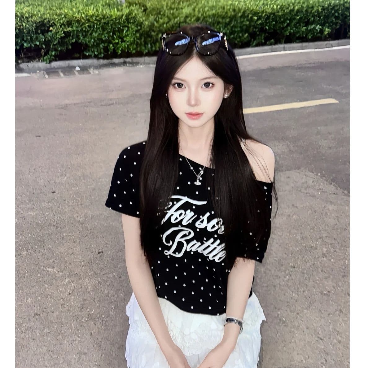 여름 새로운 한 부서 도트 무늬 비스듬한 칼라 오프숄더 프린트 섹션 반팔 티셔츠 여성