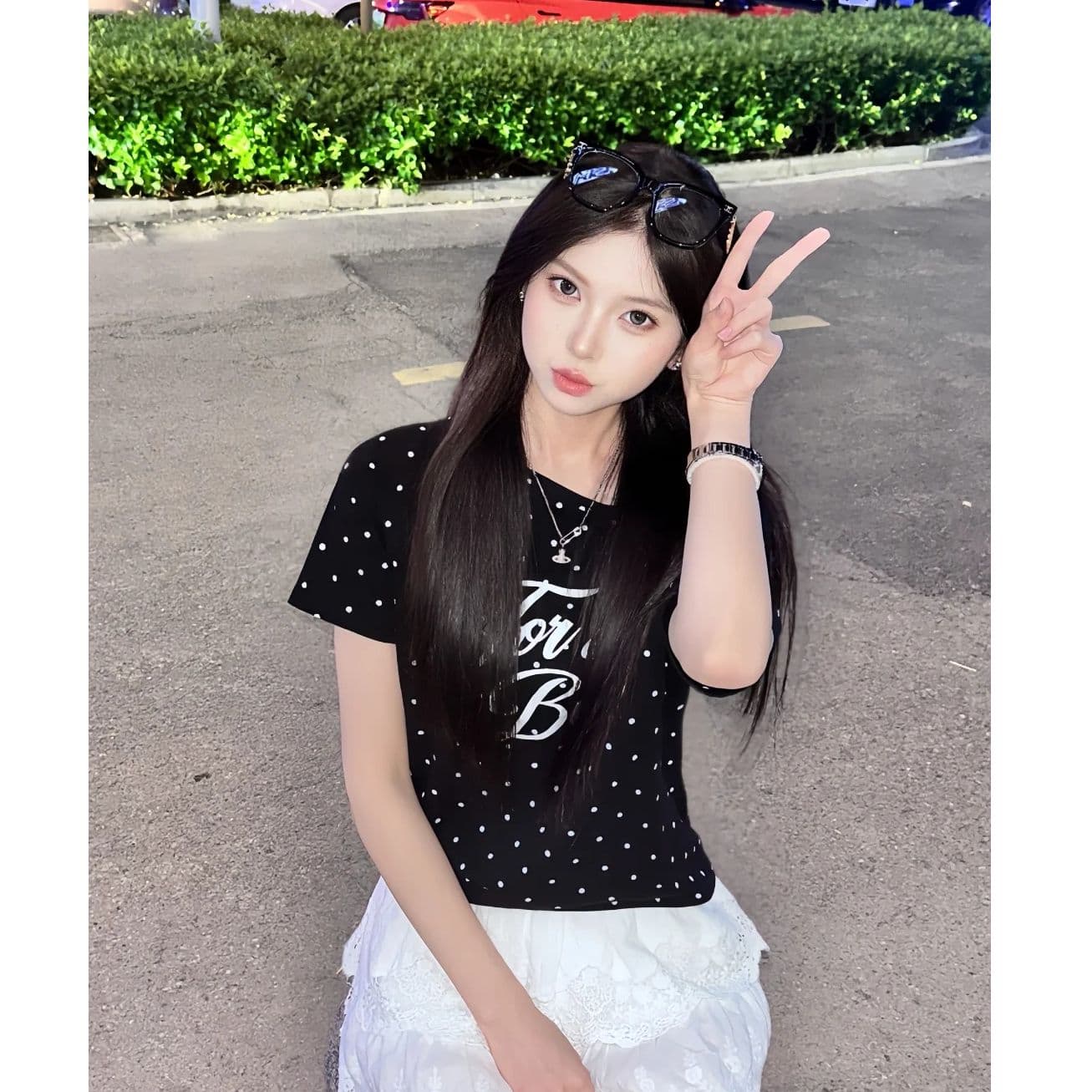 여름 새로운 한 부서 도트 무늬 비스듬한 칼라 오프숄더 프린트 섹션 반팔 티셔츠 여성 이미지 3
