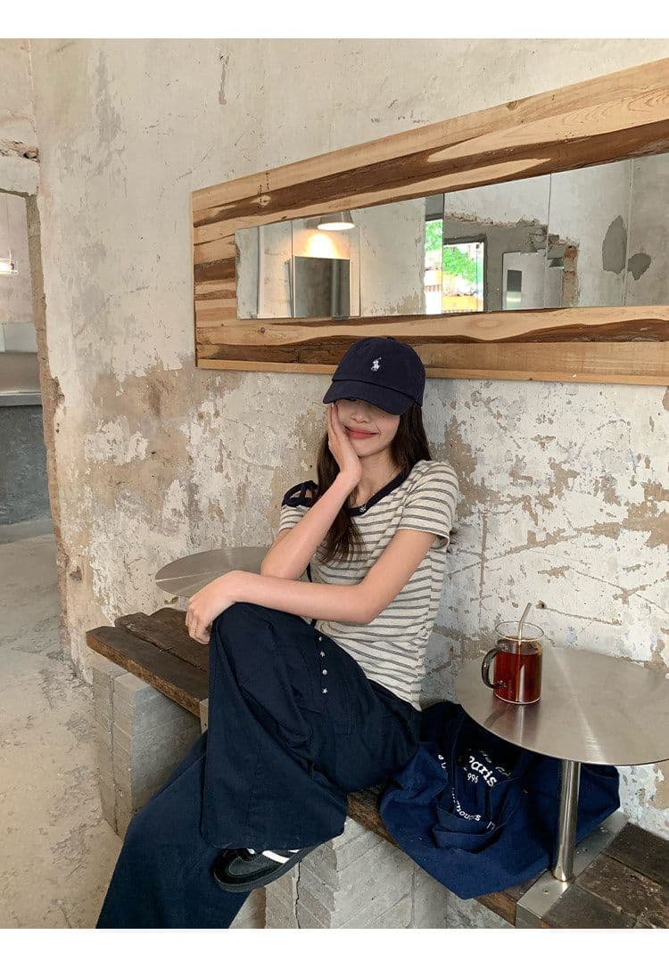 스트라이프 비스듬한 어깨 반팔 티셔츠 여름 한 부서 느긋한 센스 몸매 가꾸기 슬림해 보이는 오프숄더 작은 대중 맨위 상세 이미지 14