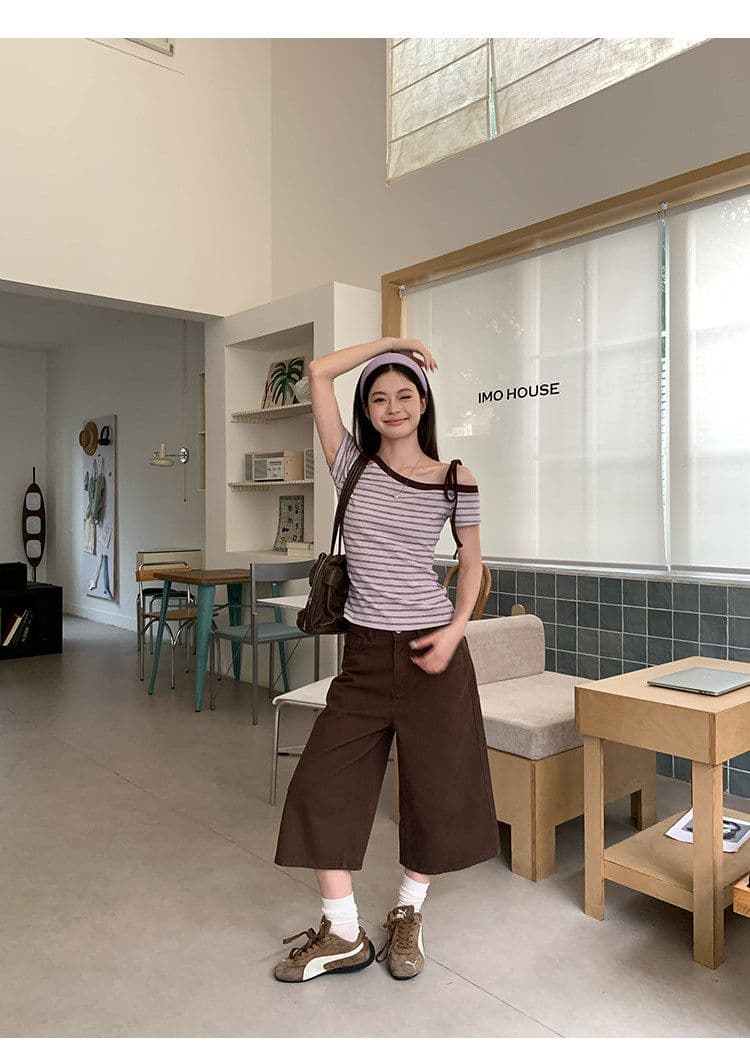 스트라이프 비스듬한 어깨 반팔 티셔츠 여름 한 부서 느긋한 센스 몸매 가꾸기 슬림해 보이는 오프숄더 작은 대중 맨위 상세 이미지 26