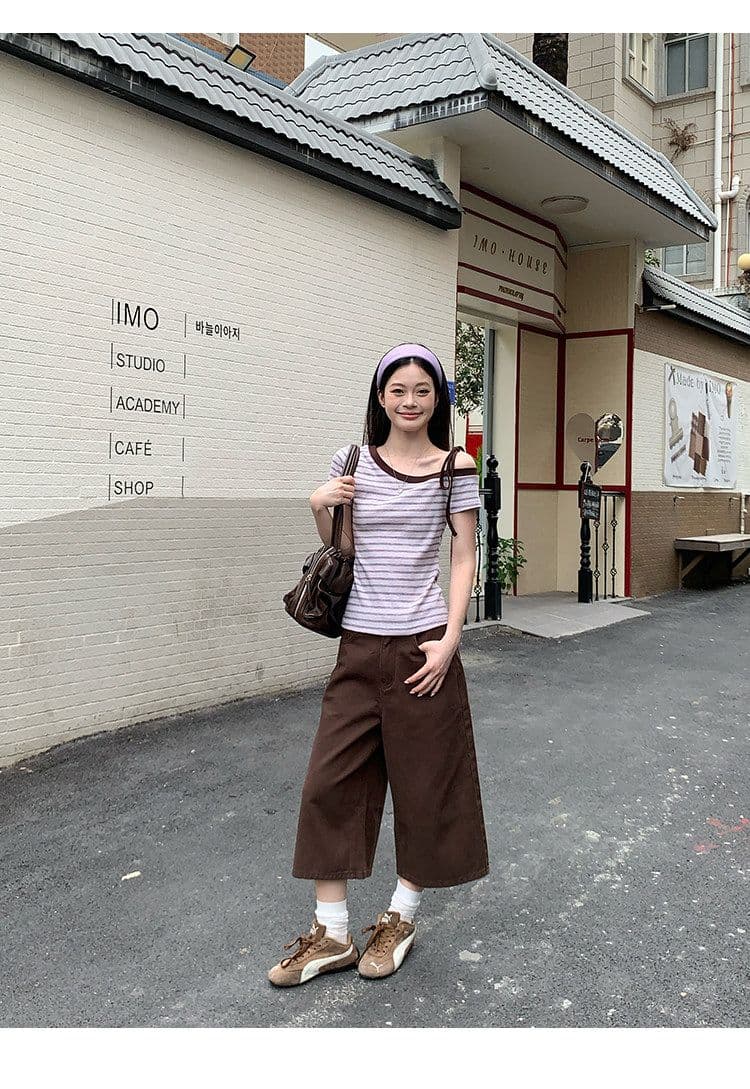 스트라이프 비스듬한 어깨 반팔 티셔츠 여름 한 부서 느긋한 센스 몸매 가꾸기 슬림해 보이는 오프숄더 작은 대중 맨위 상세 이미지 29