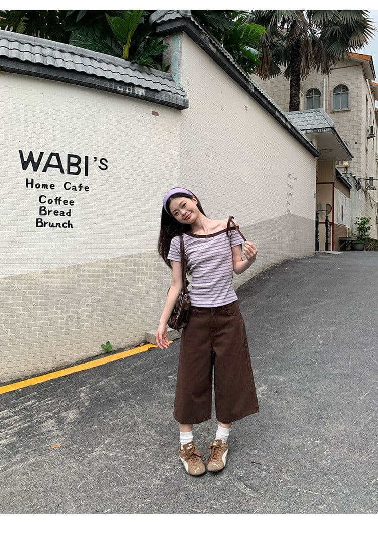 스트라이프 비스듬한 어깨 반팔 티셔츠 여름 한 부서 느긋한 센스 몸매 가꾸기 슬림해 보이는 오프숄더 작은 대중 맨위 상세 이미지 38
