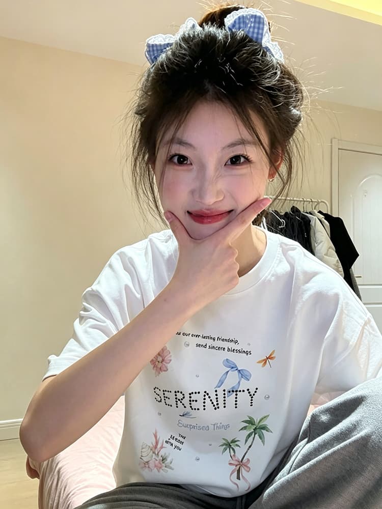 아메리칸 레트로 순면 빗질하다 닫기 프린트 반팔 티셔츠 여성 이미지 3
